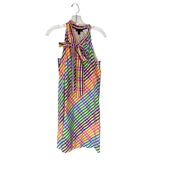 J.Crew Cotton Blend Lightweight Rainbow Tie Neck Gingham Mini Dress Size 0 - Picture 3 of 9